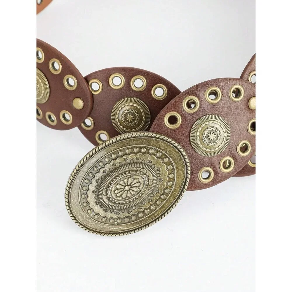 Women's Wide Western Disc Belt Vintage Cowgirl Concho Leather Belts Boho Style - Picture 2 of 6